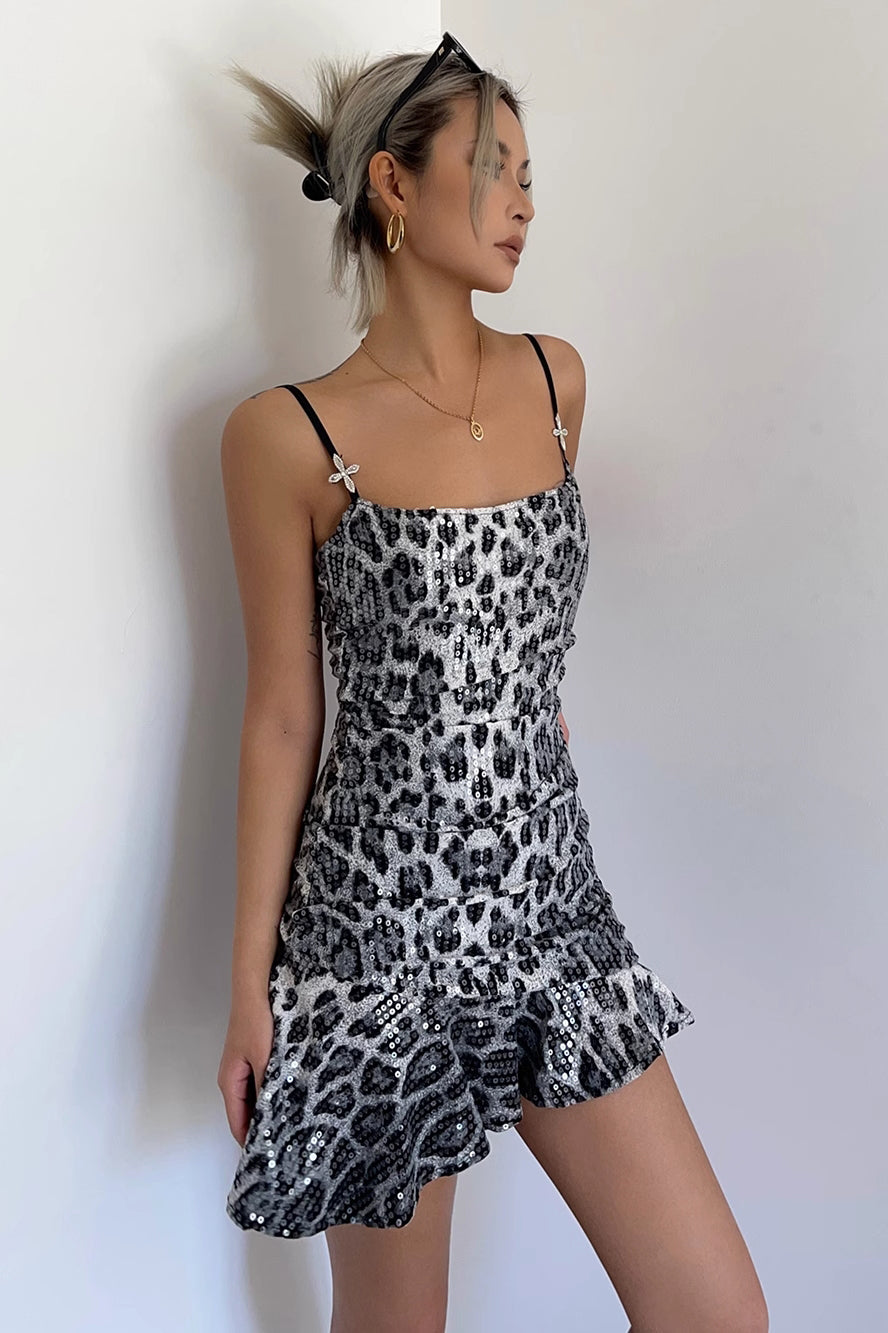 Leopard Print Asymmetrical Hem Sequin Dress