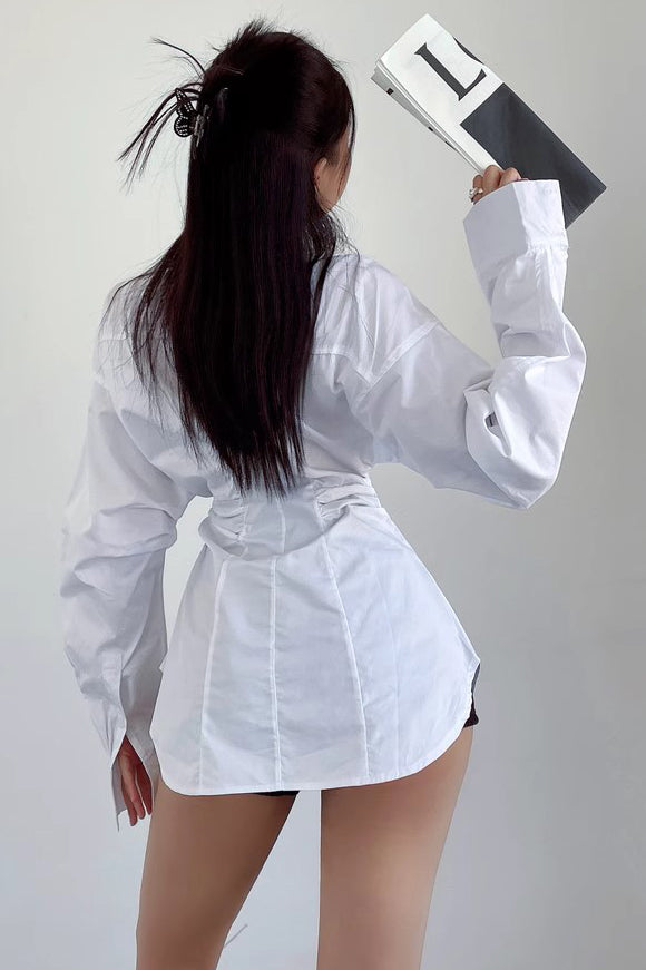 Pleated Waist White Shirt Top Chic Long Sleeved Shirt
