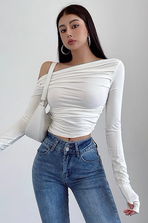 Fashion Tight Off Shoulder White Pleated T-Shirt