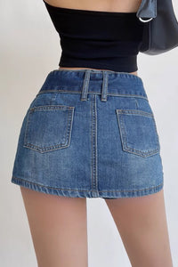 Vintage Wide Belt A-Line Denim Sexy Mini Skirt Pants