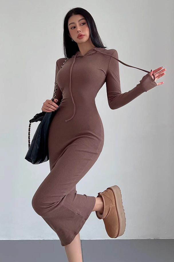 Hooded with Waistband for Slimming and Buttocks Wrapped Knit Long Dress