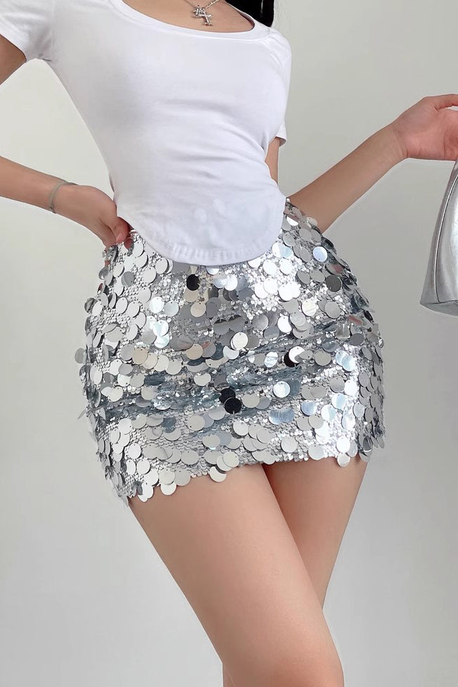 Sexy Large Sequin High Waist Slimming Wrap Hip Short Skirt
