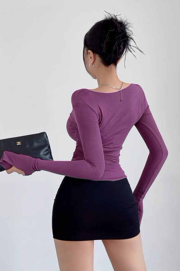 Sexy Waistband Large V-Neck Long Sleeved T-Shirt Tight Top