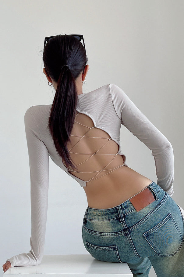 Women Backless Crisscross Strappy Long Sleeve Top
