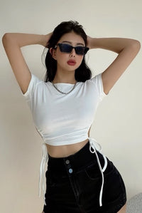 Side Drawstring Hollowed Out Round Neck Top T-Shirt