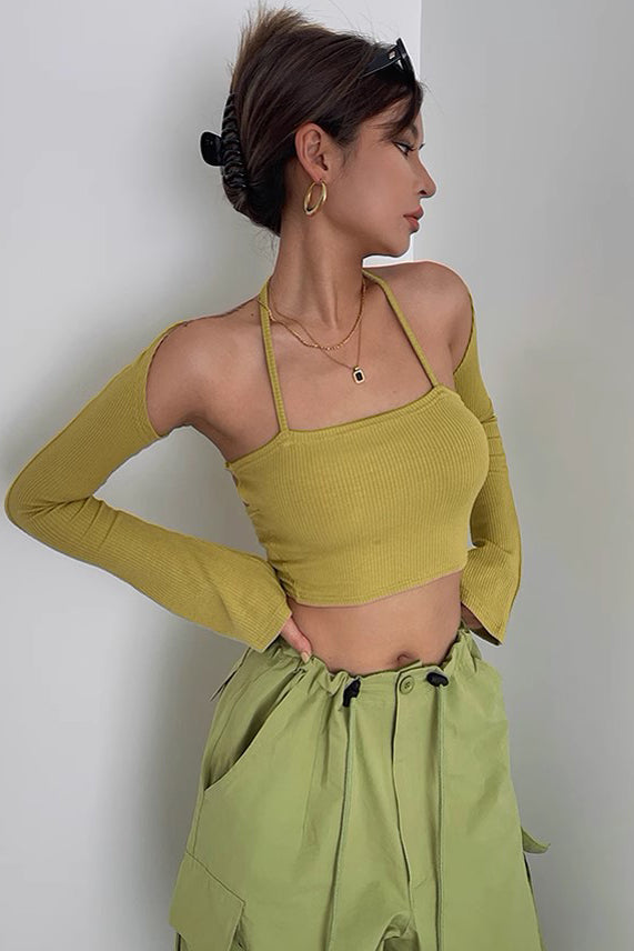 Hanging Neck Strap Tank Top Flare Long Sleeve Off Shoulder Cardigan Top Two Piece Set