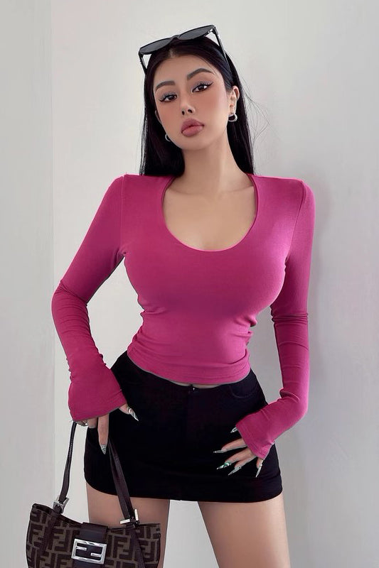 Sexy Round Neck Tight T-Shirt Low Cut Slim Fit Long Sleeve Top