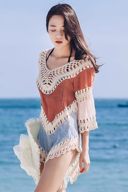 Lace Hollow Out V-Neck Long Sleeve Blouse Beachwear