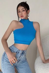 Sexy Irregular Shoulder Tank Top With Half High Neck Crop Top