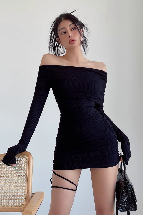Sexy Off Shoulder Slim Fit Pleated Drawstring Wrapped Hip Dress