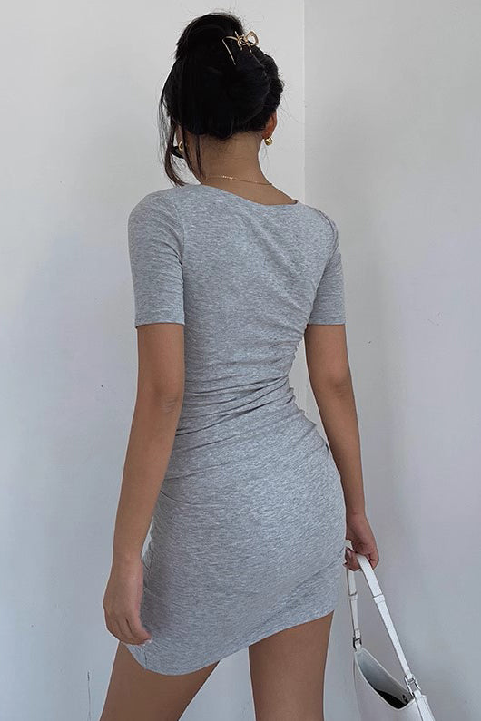 Sexy Low Cut Pleated and Asymmetrical Hem Round Neck Short Sleeved Hip Wrap Dress