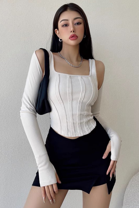 Sexy Square Neck Strap Slim Fit Long Sleeve Top Two Piece