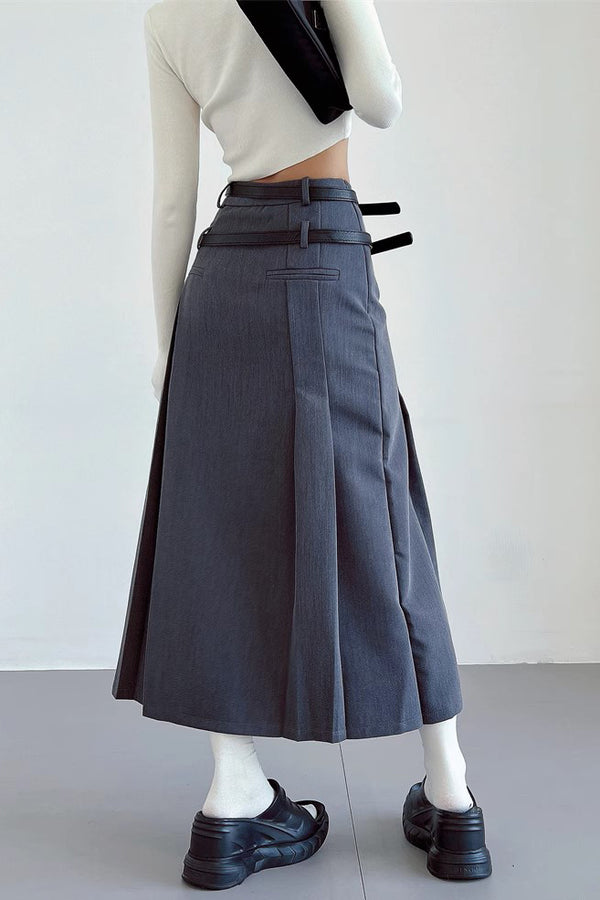 Double Belt Pleated High Waisted Long Skirt