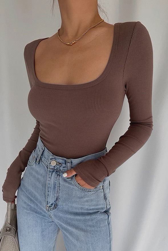 U-Neck Long Sleeved Sexy Low Cut Tight Top