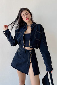 Fashion Zipper Denim Set Loose Versatile Short Coat High Waist Split Short Skirt