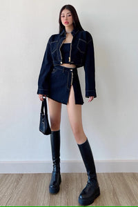 Fashion Zipper Denim Set Loose Versatile Short Coat High Waist Split Short Skirt