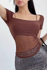 Spliced Short Sleeve Square Neck T-Shirt Top