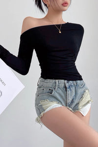Oblique Shoulder Long Sleeve T-Shirt Sexy Pleated Waist Top