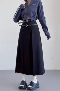 Double Belt Pleated High Waisted Long Skirt
