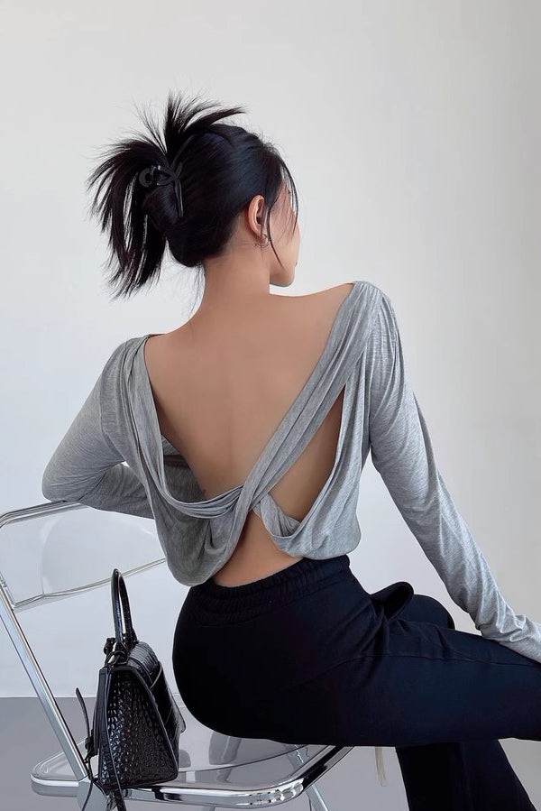 Loose And Slimming Smock With A Cross Over Backless Long Sleeved T-Shirt Top
