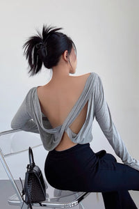 Loose and Slimming Smock Backless Long Sleeved T-Shirt Top with Cross Over