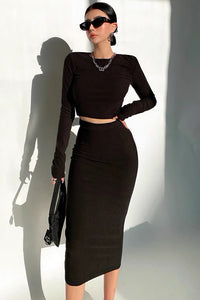 Casual Round Neck Long Sleeved Top And Skirt Two-Piece Set