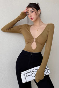 Hollow Out Long Sleeved Tight And Sexy Deep V-Neck Bodysuit