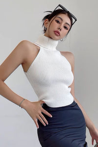 Fashion High Collar Sleeveless Knitted Tank Top Tight Top