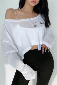 Large Round Neck Perspective Loose Casual Long Sleeved Short Top