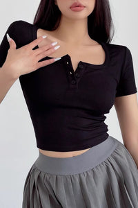 Sexy High Waist Button-Neck Short Sleeve T-Shirt Top