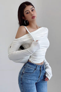 Fashion Tight Off Shoulder White Pleated T-Shirt