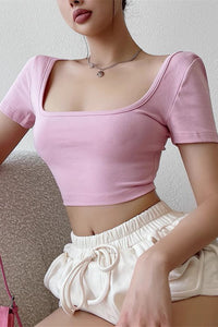 Sexy Square Collar Exposed Collarbone Short Sleeved T-Shirt