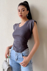 Curved Hem Short Top V-Neck Short Sleeved T-Shirt