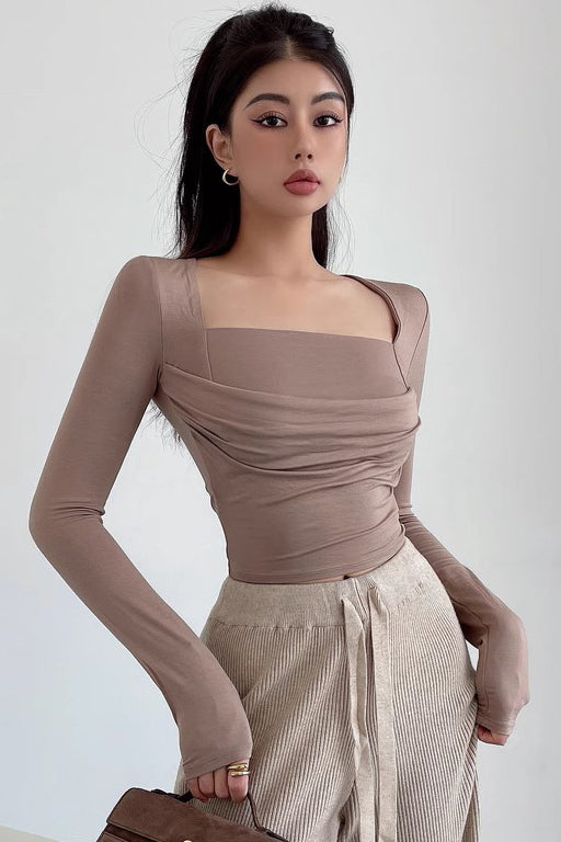 Pleated Waist Tight Square Neck Long Sleeved Top