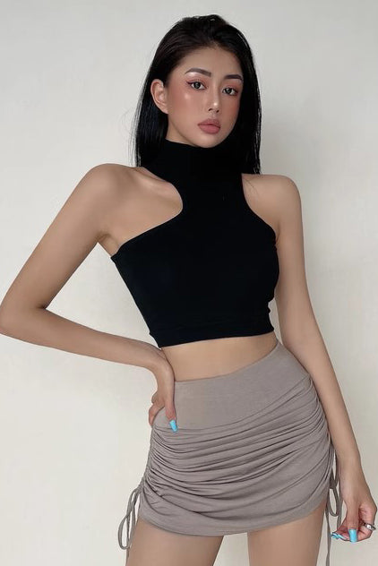 Sexy Irregular Shoulder Tank Top With Half High Neck Crop Top