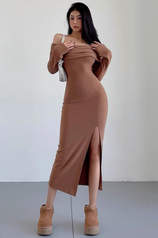 Sexy Off Shoulder Brushed Large Polo Collar Split Skirt Long Dress
