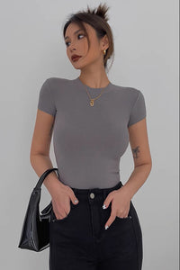 Sexy Elastic Tight Round Neck Short Sleeved T-Shirt Top