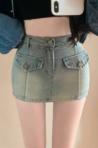 Women Retro High Waist Denim Skirt