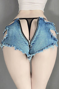 Sexy Women Ripped Low Waist Zip Denim Shorts