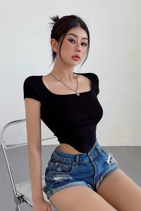 Sexy Square Collar Short Sleeved T-Shirt Top