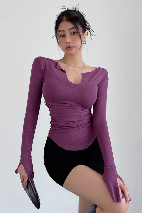 Sexy Waistband Large V-Neck Long Sleeved T-Shirt Tight Top