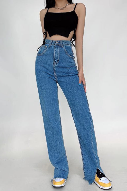 Fashion Design Front And Back Split Jeans High Waist Loose Straight Wide Leg Pants Jeans