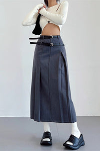 Double Belt Pleated High Waisted Long Skirt