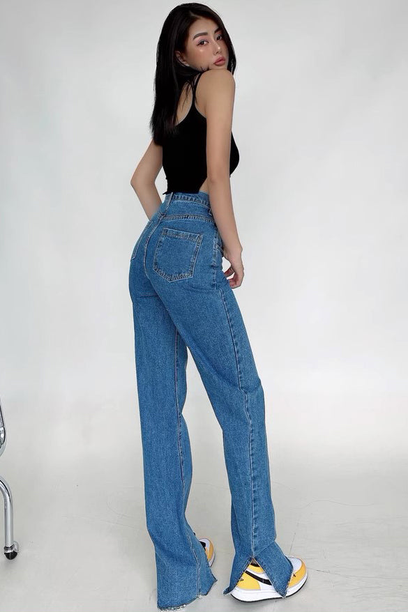 Fashion Design Front and Back Split Jeans High Waist Loose Straight Wide Leg Pants Jeans