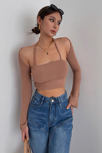 Hanging Neck Strap Tank Top Flare Long Sleeve Off Shoulder Top Two Piece Set