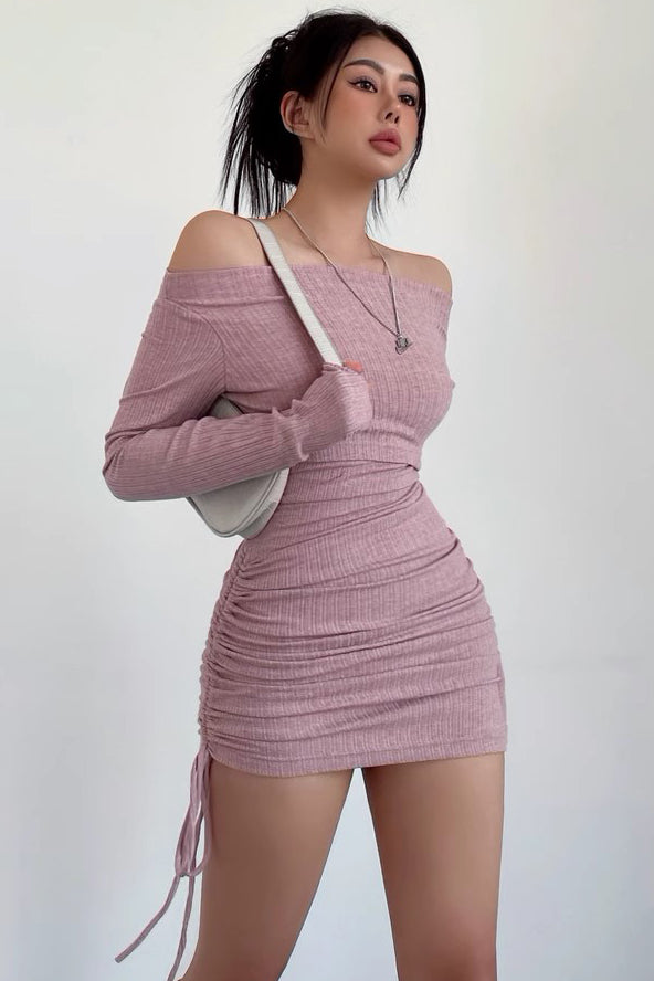 Sexy Off Shoulder Slim Fit Pleated Drawstring Wrapped Hip Dress