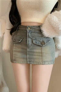 Women Retro High Waist Denim Skirt