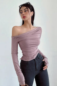 Tight Off Shoulder Pleated T-Shirt
