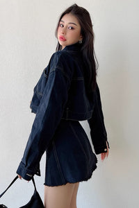 Fashion Zipper Denim Set Loose Versatile Short Coat High Waist Split Short Skirt