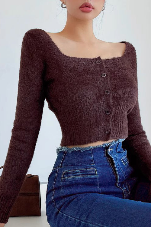 Square Neck Long Sleeved Knit Sweater Top